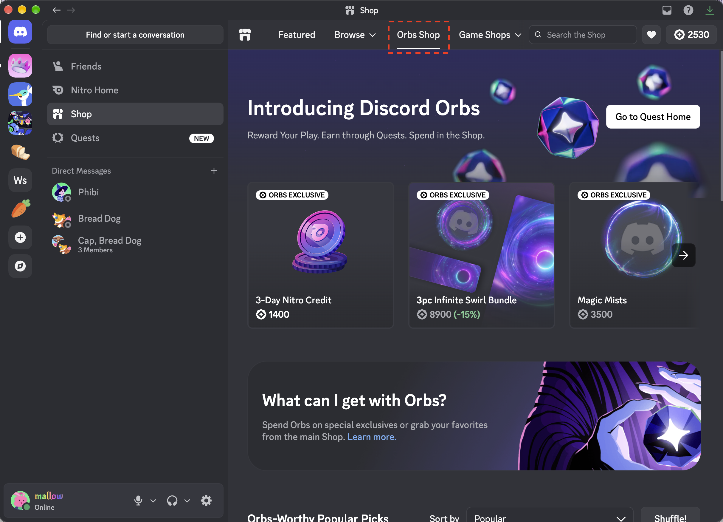 Orbs Shop Tab in the Shop Page