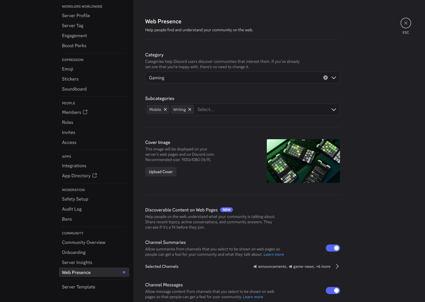 Web Presence in Server Settings